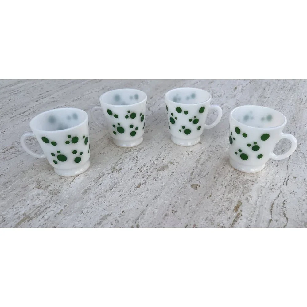 Hazel Atlas Milk Glass Footed Mugs Set Of 4 Green Polka Dot MCM Logo Retro Gift